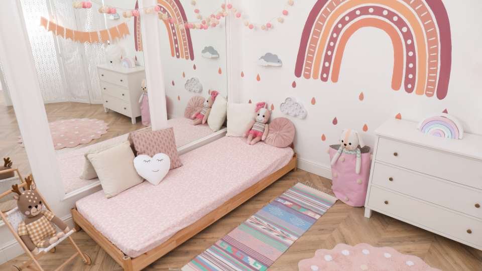 Une chambre d'enfant rangée et propre avec un lit, un miroir et des autocollants muraux en forme d'arc-en-ciel.
